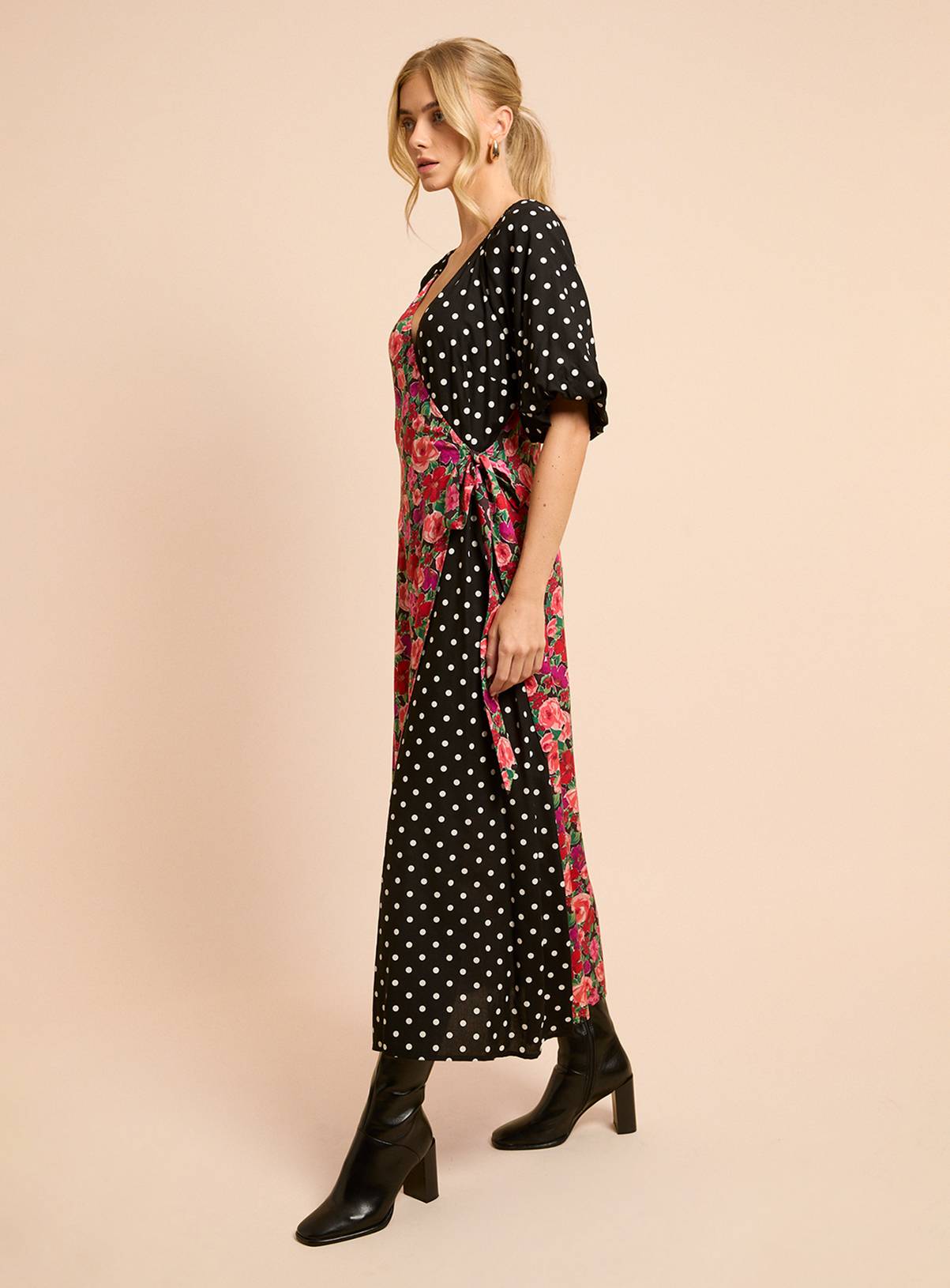DOROTHY PERKINS Floral Spot Mix Puff Sleeve Print Mix Wrap Midi Dress 14 - Image 4